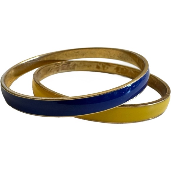 Vintage J Crew Gold Tone Blue & Yellow Enamel Bangle Bracelets 8.5” Lot of 2 - Picture 1 of 13